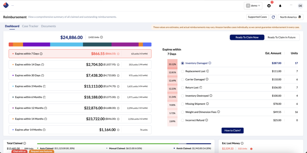 Amazon Reimbursement dashboard