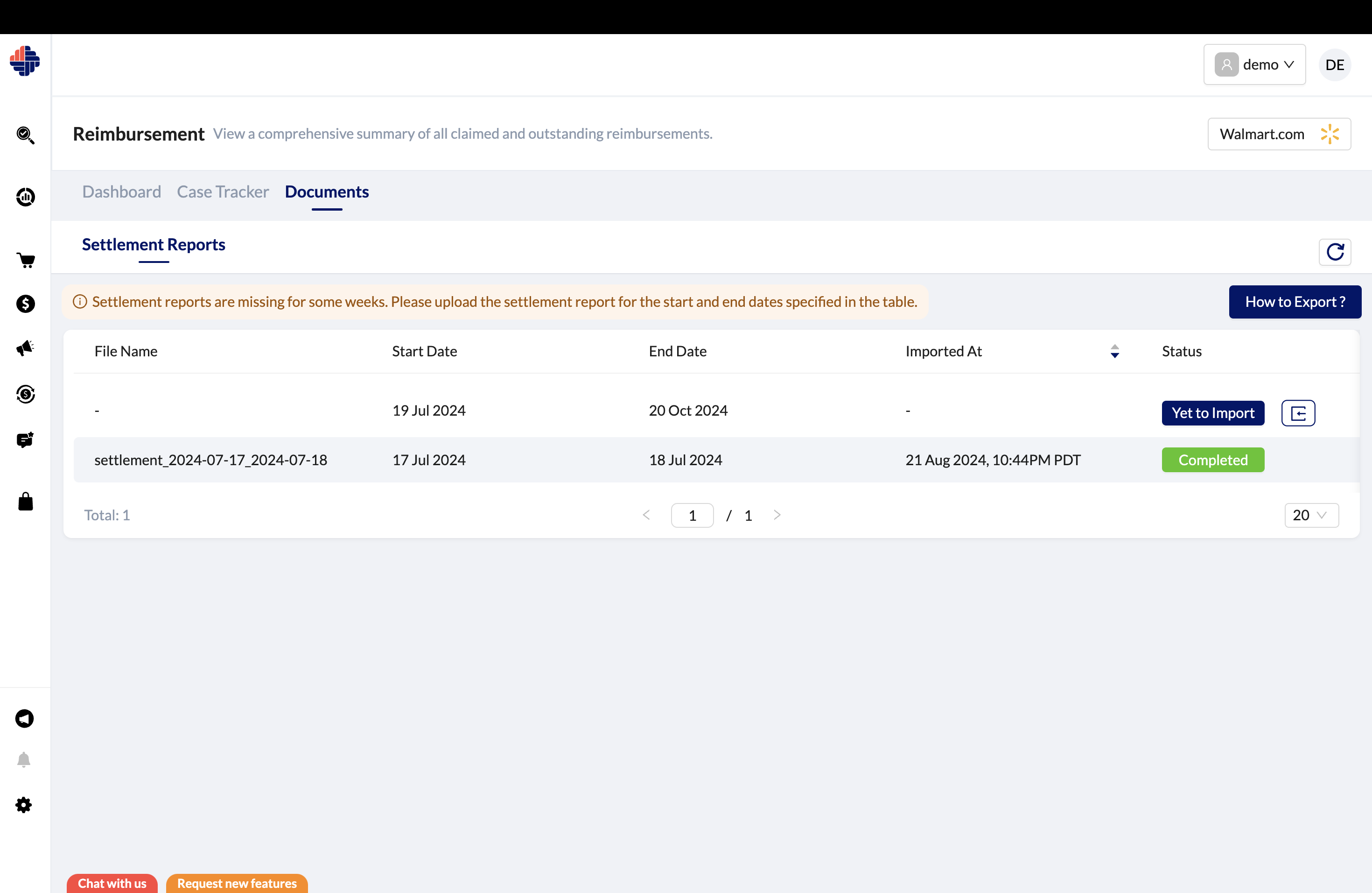 Walmart Reimbursement - Settlement Report