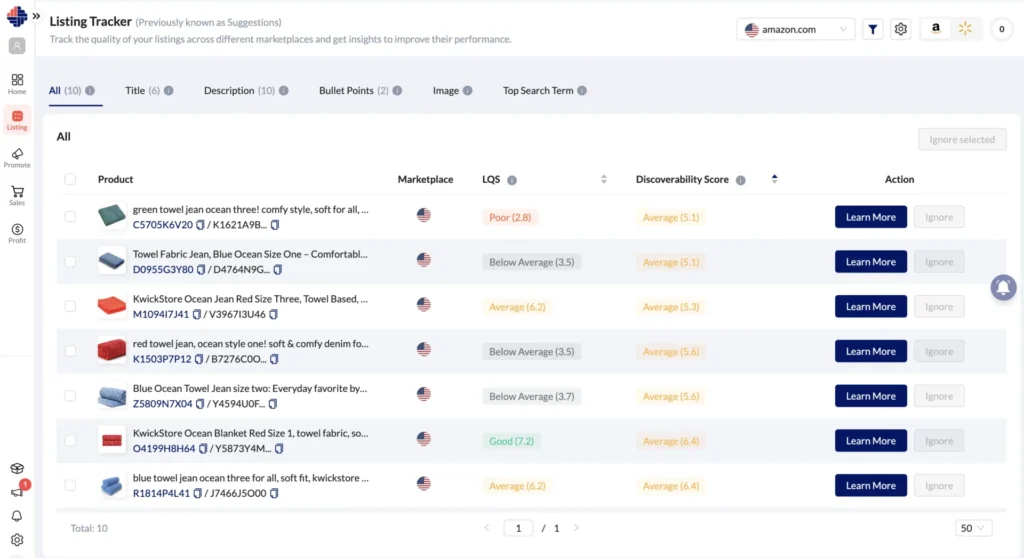 Centralized Suggestions view in Amazon Listing Tracker