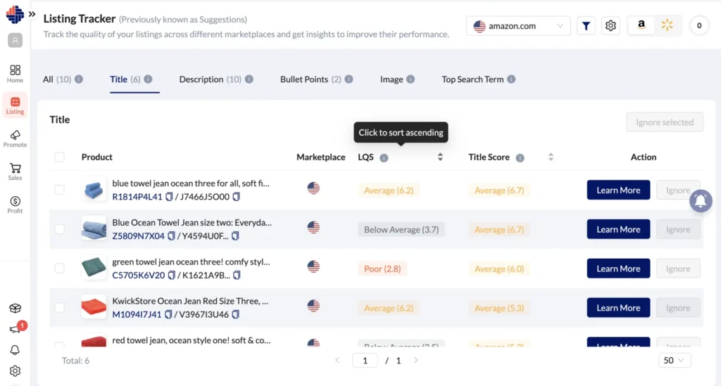 Flexible Sorting and Navigation in Amazon Listing Tracker Tool