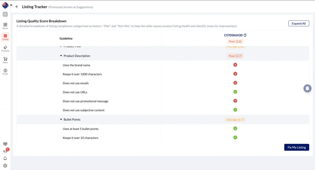 Listing Quality Score Amazon Listing Tracker Tool