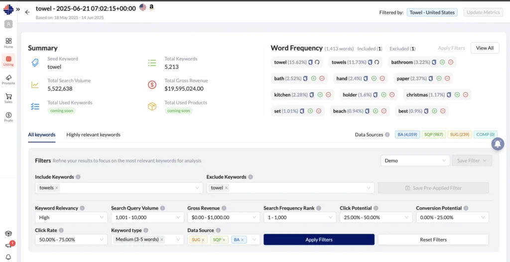 Pre Applied Filter in KwickMetrics Keyword Researcher Tool